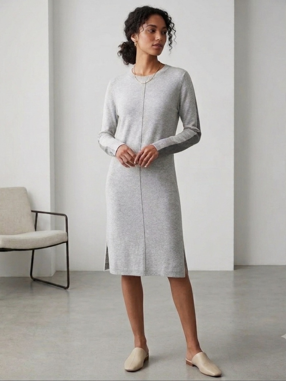 Zara Knit Wool Blend Gray Sweater Dress with Double Side Slits Size Medium